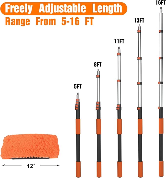 LAANPOLE 16FT Car Wash Brush with Long Handle, Car Cleaning Kit with Soft Bristle Wash Brush, Microfiber Cleaning Mop, Window Squeegee, Mitt, Wheel Brush, Bucket, Drying Towel for RV, Truck, Boat