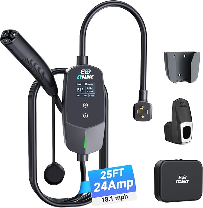EVDANCE Level 2 EV Charger for Tesla Models, 24Amp 240V NEMA 14-30 Plug, 25FT Cable with Remote-Open Charge Port, 6-24A Adjustable EV Charging Station for Home/Garage Use, IP66 Waterproof