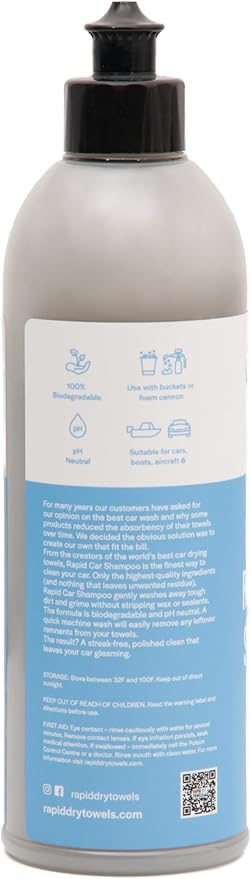 Rapid Dry Towels Rapid Car Shampoo | 500ml | pH Neutral Biodegradable Car Wash Soap | High Foaming Residue-Free Shampoo | Foam Cannon & Bucket Wash Car Detailing Shampoo for Wax & Ceramic Coatings