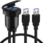BATIGE Alloy Dual Port USB 3.0 Car Dashboard Flush Mount Cable, Male to Female with LED Indicator Extension Cable for Car Truck Boat Motorcycle Dashboard Panel - 3ft