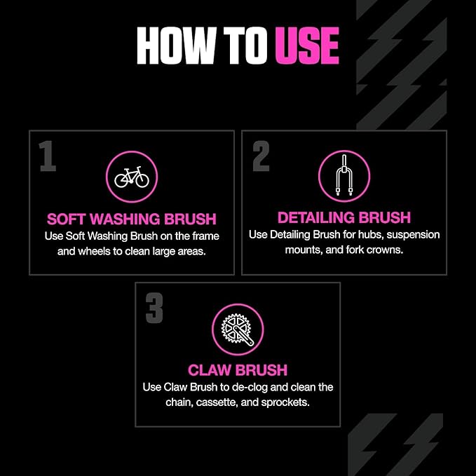 Muc-Off 220 3 Piece Premium Brush Kit - Includes 3 Bike Cleaning Brushes With Durable Nylon Bristles And Ergonomic Rubberised Handles To Minimise Impact
