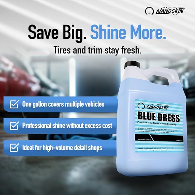 Nanoskin BLUE DRESS Premium Dressing 30 Gallons- Sprayable Interior & Exterior Dressing for Car Detailing | Works on Tire, Vinyl, Rubber, Plastic & Trim| Safe for Cars, Trucks, Motorcycles, RVs & More