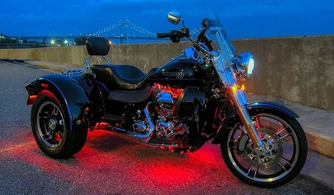 iJDMTOY 4pc Motorcycle Underglow LED Strip Light Kit RGB Neon Accent Night Riding Light Ground Effect Atmosphere Lighting Kit for Motorbike Trikes Golf Carts ATVs UTVs Decoration