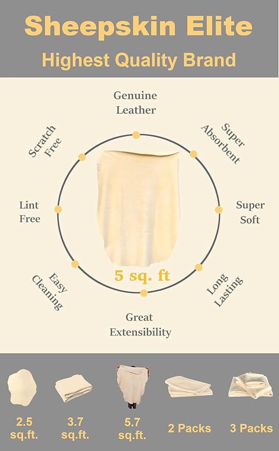 SHEEPSKIN ELITE Chamois Drying Cloth Car Drying Towel Real Leather Super Absorbent Fast Drying Natural Chamois Car Wash Cloth Accessory (5 sq ft)