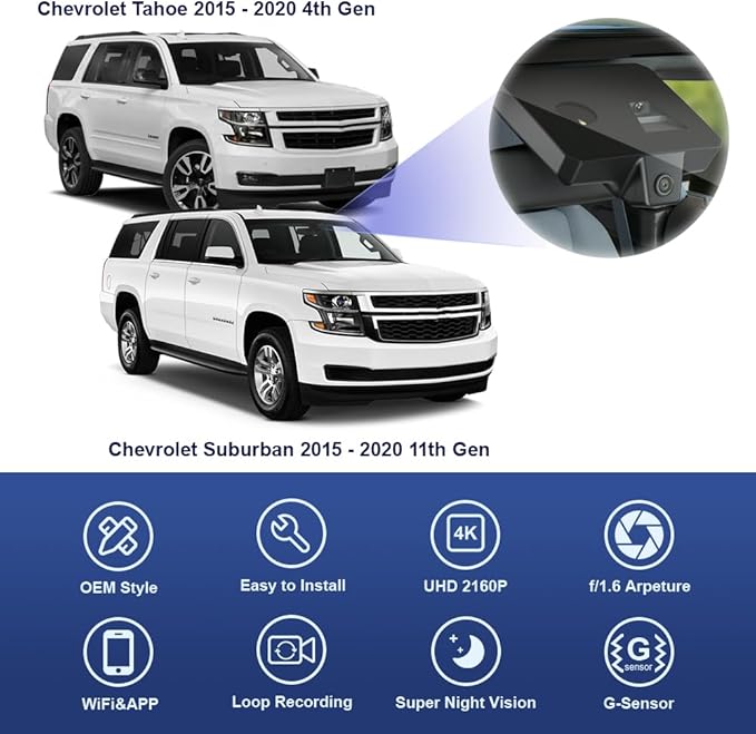 Fitcamx 4K Dash Cam Suitable for Chevy Suburban & Tahoe 2015-2020 (with Auto-Dimming), Integrated OEM Look, 2160P UHD Video, Built-in WiFi, Loop Recording, G-Sensor, Easy to Install, 64GB Card