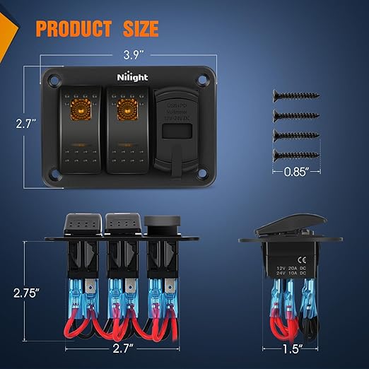 Nilight 2 Gang Rocker Switch Panel with PD Type C and USB Charger Voltmeter 12V SPST ON Off Togglr Switches Panel w/Orange Backlit Waterproof Aluminum for Boats Cars RVs Trucks