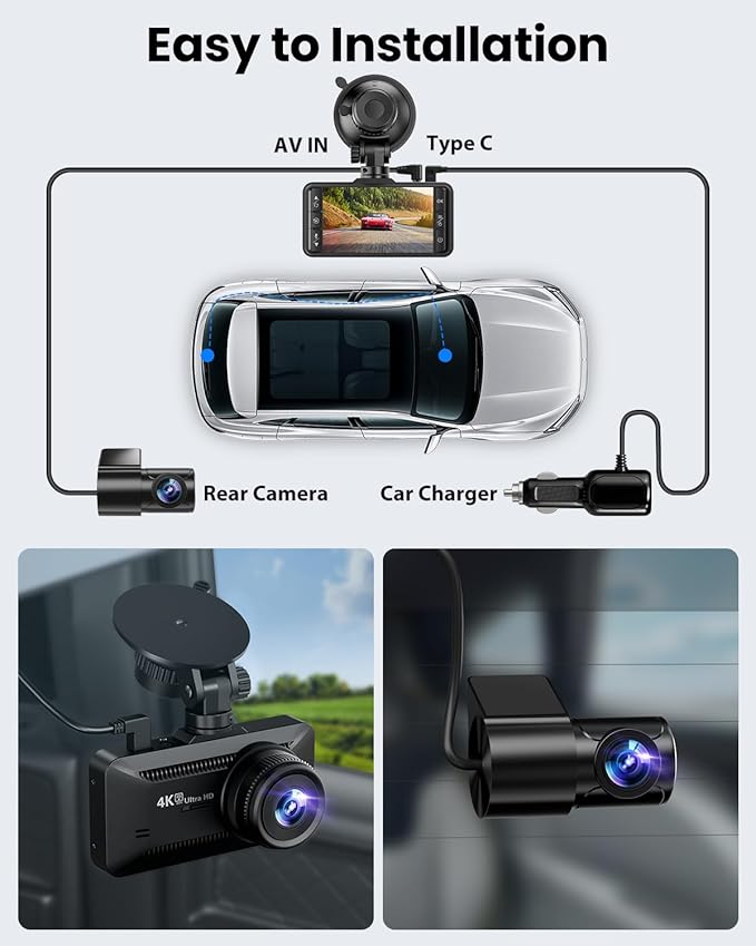 Dash Cam Front Rear 4K/1080P, Dash Camera for Cars Build in WiFi, Full HD Dash Cam with APP Control, 3.94‘’ IPS Screen Dash Camera with 32GB SD Card, G-Sensor, WDR, 24Hr Parking Mote, Loop Recording
