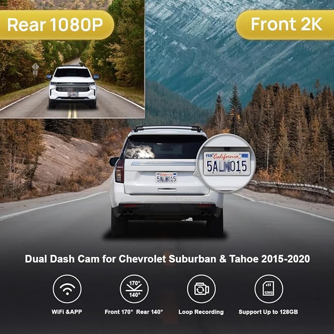 Fitcamx 2K Dual Dash Cam for 2015-2020 Chevy Suburban & Tahoe (with Auto-Dimming), OEM Style, Front 1440P+Rear 1080P HD Video, Loop Recording, Built-in WiFi & APP, G-Sensor, Easy to Use, 64GB Card