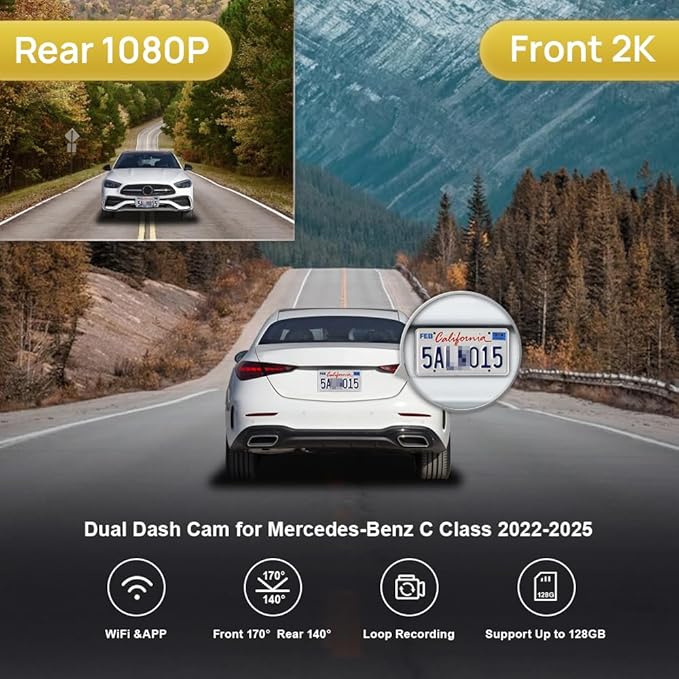 Fitcamx Front 2K+Rear 1080P Dash Cam Adapts for Mercedes-Benz C-Class 2022-2025 C300 Sedan Coupe Cabriolet (HD2-6635), OEM Style, Dual Loop Recording, WiFi & APP, G-Sensor, Easy to Use, 64GB Card