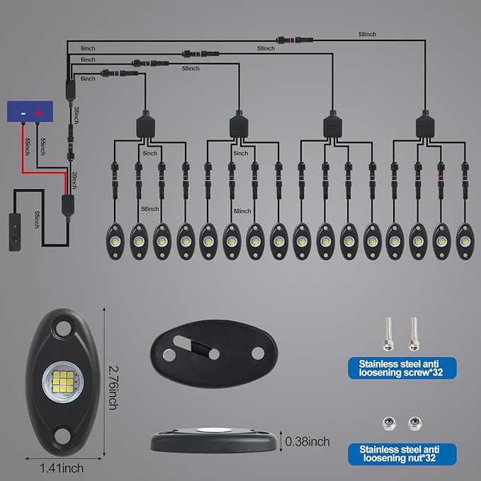 20pods White Rock Lights Dc 12v-80v 6000k Aluminum Alloy Pure White Led Rock Lights with Switch Wiring Harness Kit Ip68 Waterproof for Trucks Pickup Offroad Car SUV Utv ATV Rv Fends Underglow Lights
