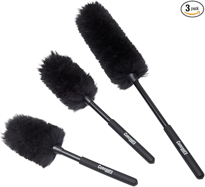 Eastwood Concours Premium Cleaning Woolies | Professional Long Handle Soft Brush for Wheels & Tires, Interior Detailing, and Household Cleaning | Made of 100% Wool and Anti-Scratch on Paint | Set of 3