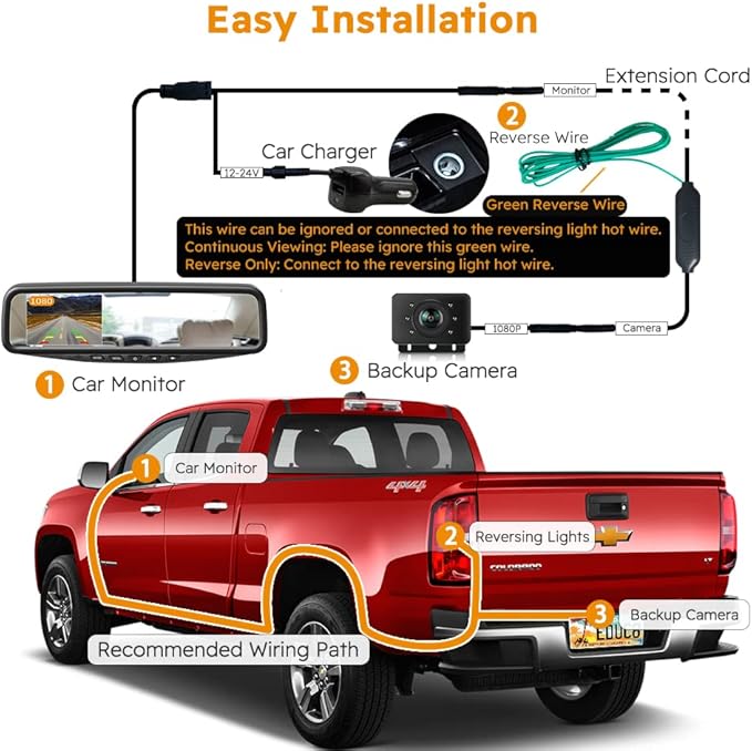 Backup Camera for car 1080P HD Wired Kit, Continuous or Reverse Viewing, 4.3'' Clip-on Mirror Monitor with Waterproof Night Vision Car Rear View License Plate Camera for Car Pickup Truck SUV Trailer