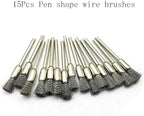 15 Pcs Pen Shape Stainless Steel Wire Brushes Wheel 1/8'' Mandrel Rust Removed Polishing Wheel for Dremel Rotary Tool