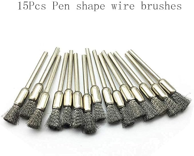 15 Pcs Pen Shape Stainless Steel Wire Brushes Wheel 1/8'' Mandrel Rust Removed Polishing Wheel for Dremel Rotary Tool