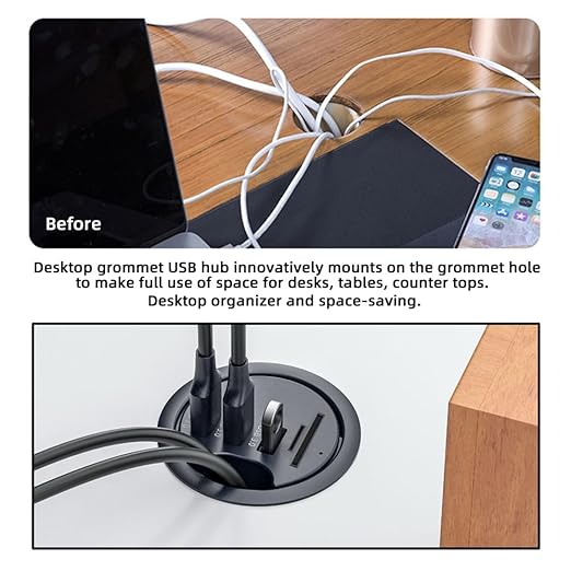 Xiwai USB 3.0 Hub Splitter, SD TF 3 Port USB Multiport Expander 60mm Desk Grommet Dock Station Micro-SD Card Reader for PC Desk Desktop