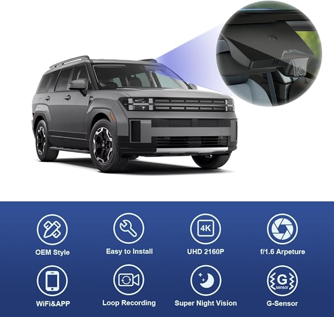 Fitcamx 4K Dash Cam Suitable for Hyundai Santa Fe 2024-2026 (Part No#P6000), OEM Factory Look, UHD 2160P Video, Built-in WiFi & APP, Loop Recording, G-Sensor, Plug & Play, 64GB Card