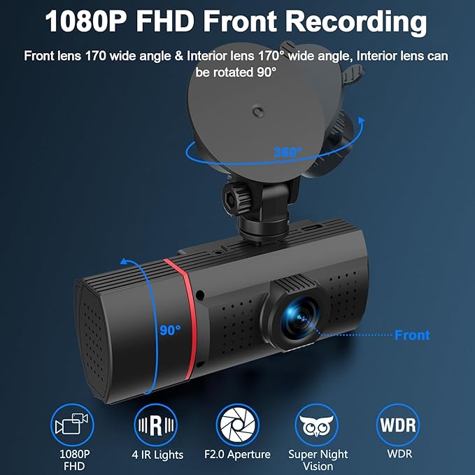 Dual Dash Cam Front and Inside, 1080P Dash Camera for Cars Dashcam with 32G Card, 24H Parking Monitor, Night Vision, G-Sensor, Loop Recording Car Camera for Taxi Truck Driver