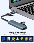 4-Port USB Hub with Type-C, USB 3.0 Data Hub Ultra-Slim Aluminum USB C Hub, 5Gbps Transfer Speed Multiple Ports Splitter for iPhone 17 16, Samsung, MacBook,PC,Laptop,iPad, Flash Drive,HDD