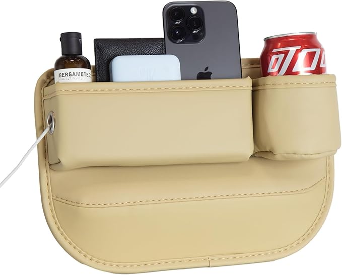 Car Seat Gap Filler Organizer with Cup Holders, Seat Gap Storage Box for Drinks, Phones, Keys, Sunglasses, Cards, and Small Essentials (Beige, Driver's Seat)