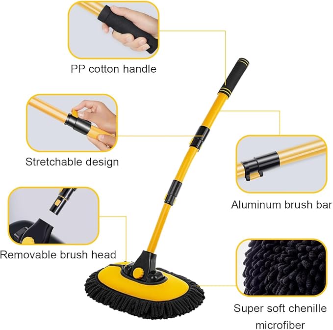 Car Wash Brush Kit, 40" Auto Wash Mop with 15° Curved Extendable Long Handle, Soft Scratch-Free Car Cleaning Mop Mitt to Clean Your Car Shine Like New, Car Accessories (Black+Yellow)