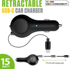 Cellet Retractable USB-C Car Charger – 15W Fast Charging, 3.3ft Cable, 3A Output, Blue LED Indicator – Compatible with Apple iPhone 15/16 Series & Samsung Android USB-C Devices – Compact, Tangle-Free