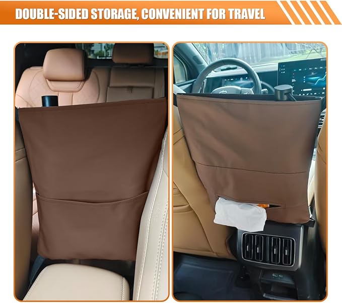 Car Handbag Holder Between Seats, Luxury Leather Car Purse Holder with Tissue Box, Multi-Pocket Large Capacity Storage Bag, Hanging Auto Organizer Pets Kids Barrier for Safe Driving (Brown)