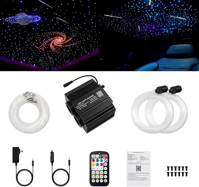 AMKI Dual Color 18W Twinkle&Meteor Starlight Headliner Kit 1000pcs 0.03in 9.8ft+240pcs Pure White Shooting Star,Updated 2 in 1 Starlight Box RGBW Sound Activated Mode for Car Home Decor