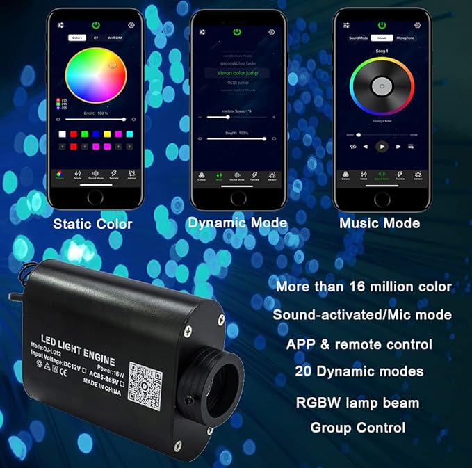 AZIMOM Bluetooth/APP LED 16W RGBW Fiber Optic Light Star Ceiling Kits 450pcs 0.03in 6.5ft Sensor Music Mode Remote Control Car Use Home Headliner Starlight Decoration