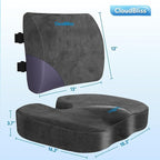CloudBliss Lumbar Support Pillow & Seat Cushion Set for Office Chair, Desk Chair, Wheelchair & Car–Memory Foam Back Support, Ergonomic Chair Cushions,Sciatica Pain Relief,Home Essentials(Grey,XL)