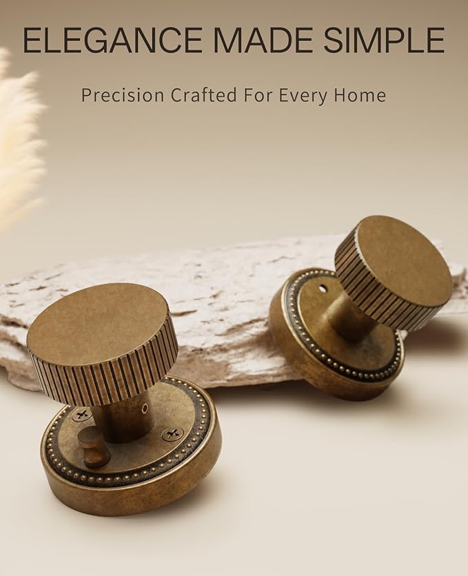 Asidrama 4 Pack Antique Brass Privacy Door Knobs with Lock, Vintage Door Handles with Antique Brass Door Knobs Interior for Bedroom or Bathroom, Heavy Duty Door Lever for Left Right Sided Doors