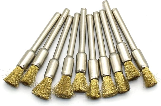 TMAX 10 pc Brass Bristle 1/4 Inch Pen Wire Brush with 1/8 Inch Shank for Dremel and Other Rotary Tools on Rust Removal, Corrosion and Scrub Surfaces