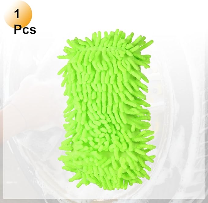 HARFINGTON Car Wash Sponge 8.7" x 4.3" Chenille Microfiber Mitt Scratch-Free Absorbent Scour Scrubber Cleaning Sponge for Washing Detailing on Cars, Trucks, SUV, Boats, Fluorescent Green