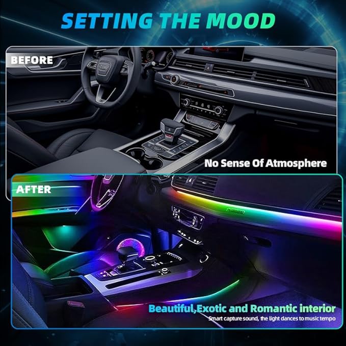 Acrylic Interior Car LED Strip Lights, Dreamcolor 10-in-1 Car Ambient Lighting Kit, with APP Control, 622 LED Fiber Optic Strip Lights for Cars, Supports Neon Sync with Music DIY Mode