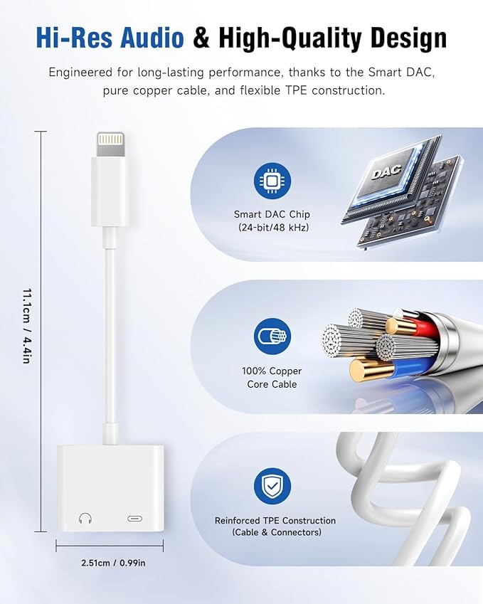 Apple MFi Certified 2-in-1 Lightning to 3.5mm Headphone Jack Adapter,Fast Charger&Aux Audio Splitter Dongle for iPhone-Car AUX,Home,Gym,Travel,Compatible with iPhone 14/13/12/11/XR/X/8/7,2Pack,White