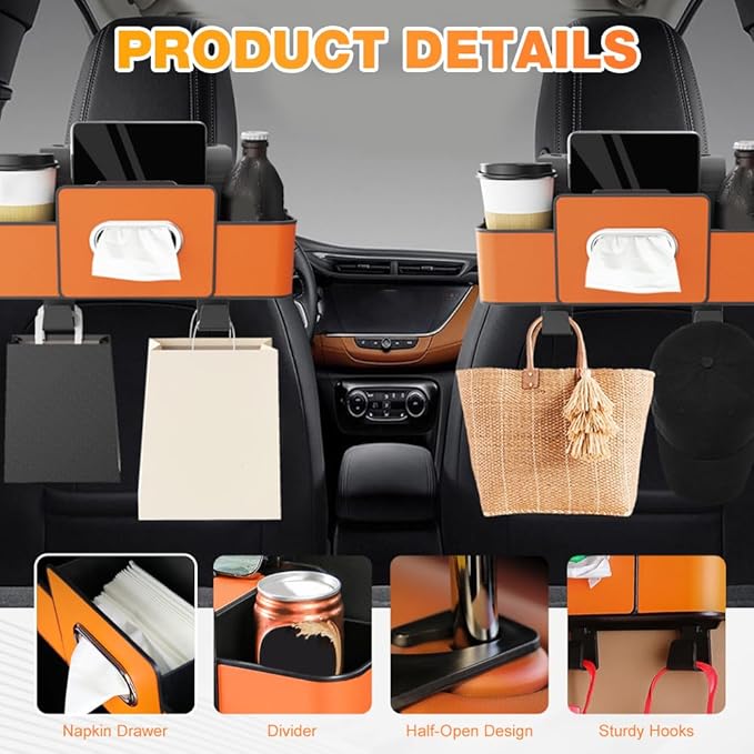 PUSKIU Car Organizer and Storage Box, Car Organizers and Storage Box for Back Seat, Car Organizer Back Seat for Daily Travel (Brown)
