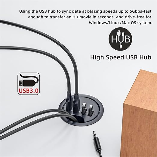 Xiwai USB 3.0 Hub Splitter, 4 Port USB Multiport Expander 60mm Desk Grommet Dock Station Interface for PC Desk Desktop
