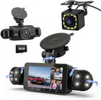 4 Channel Dash Cam 360° View, Include Front & Rear Left Right Camera Support 4 Way Recording, 32GB Card, 3” IPS Screen/Night Vision/WDR/24H Parking/G-Sensor（2G/4G/8G / 3 Split Screen (4 Channel)