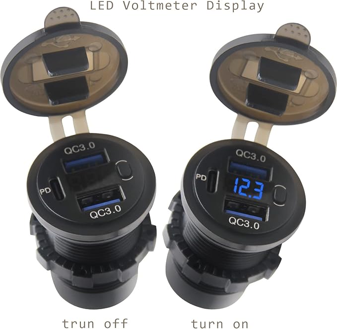Dual USB Quick Charge 3.0 Port & PD USB C Car Charger Socket, 12V USB Outlet with Voltmeter and Power Switch for Car Boat Marine Truck