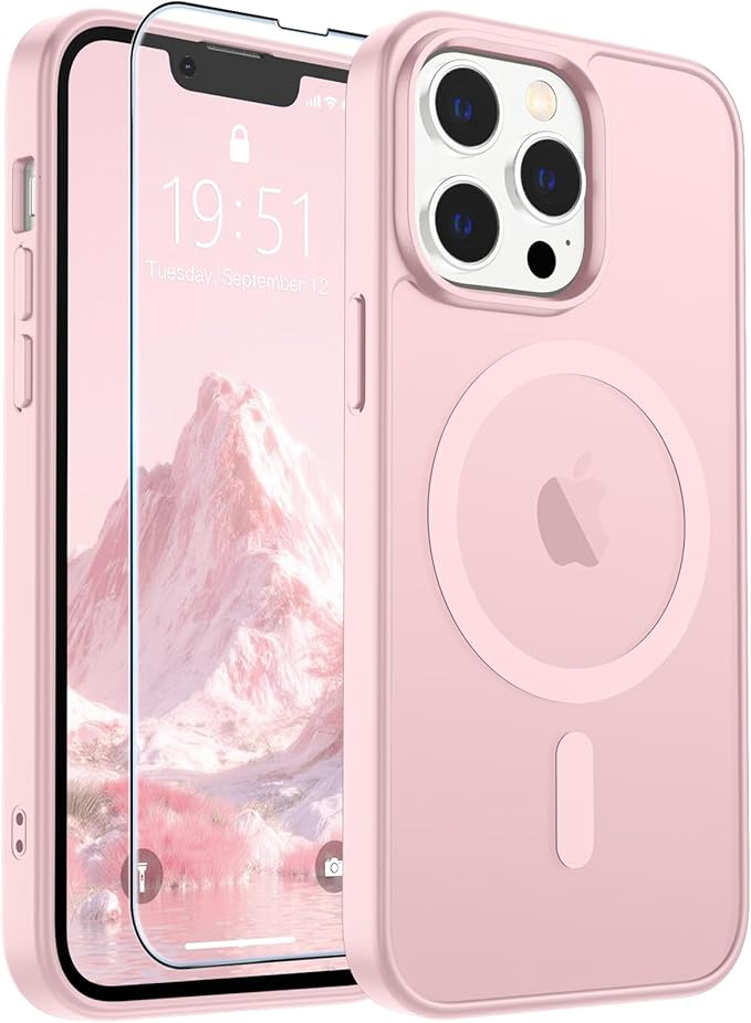 SUPFINE Magnetic for iPhone 13 Pro Max Case with Screen Protector (Compatible with MagSafe) (Military Grade Drop Protection) Translucent Matte Shockproof Phone Cover,Light Pink
