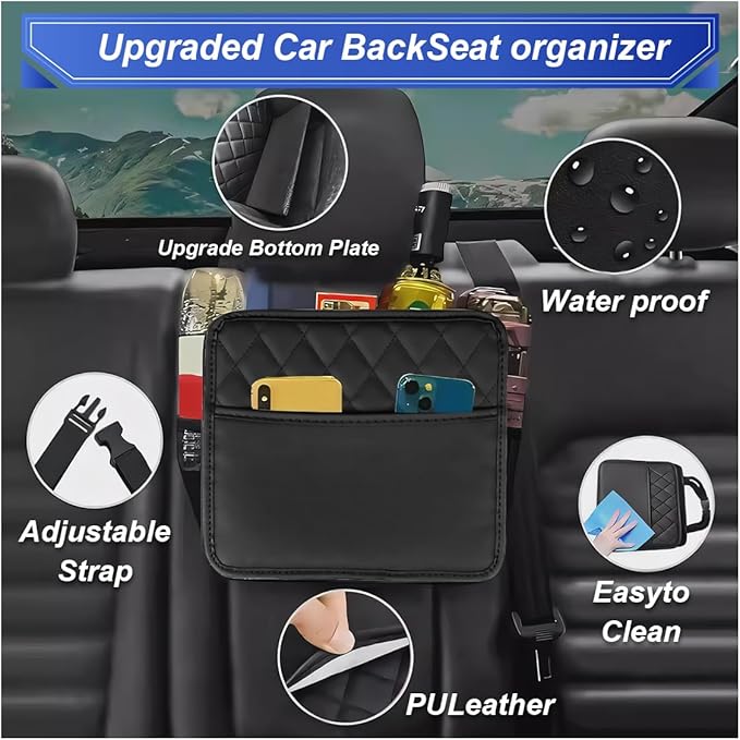 ZIMISI Car Back Seat Organizer, Waterproof Leather Automotive Backseat Hanging Bag with Cup Holders, Large Capacity Car Trash Can, Vehicle Travel Accessories for Most Vehicles (1PC/Black)