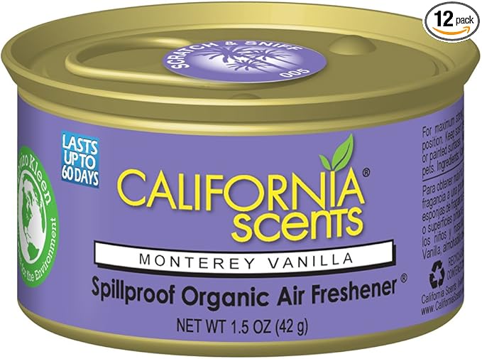 California Scents Spillproof Can Air Freshener Eco-Friendly Odor Neutralizer for Home, Car, Much More, Monterey Vanilla, 1.5 oz, 12 Pack