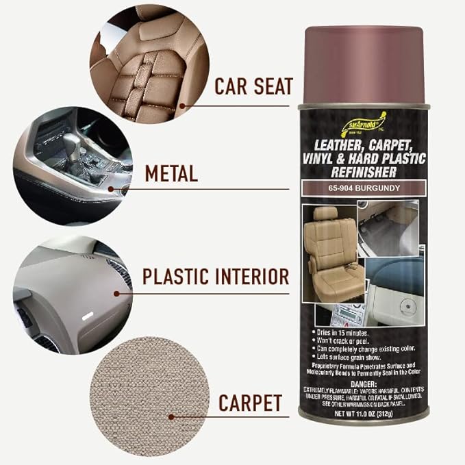 SM Arnold Refinishing Spray Paint - BURGUNDY 11 Oz. - For Leather, Carpet, Vinyl, Metal, Plastic, Polycarbonate, Polypropylene, Acrylic, Lexan, Fiberglass | Pro Grade Aerosol Refinisher