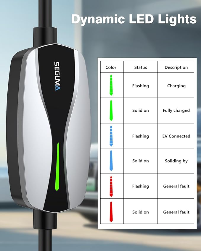 SEGUMA Level 1/2 EV Charger, 16Amp Electric Car Charger 25FT Cable with NEMA 6-20 Plug and NEMA 5-15 Adapter, Home Mobile EV Charging Station for J1772 BEVs/PHEVs 110V-240V(Silver)