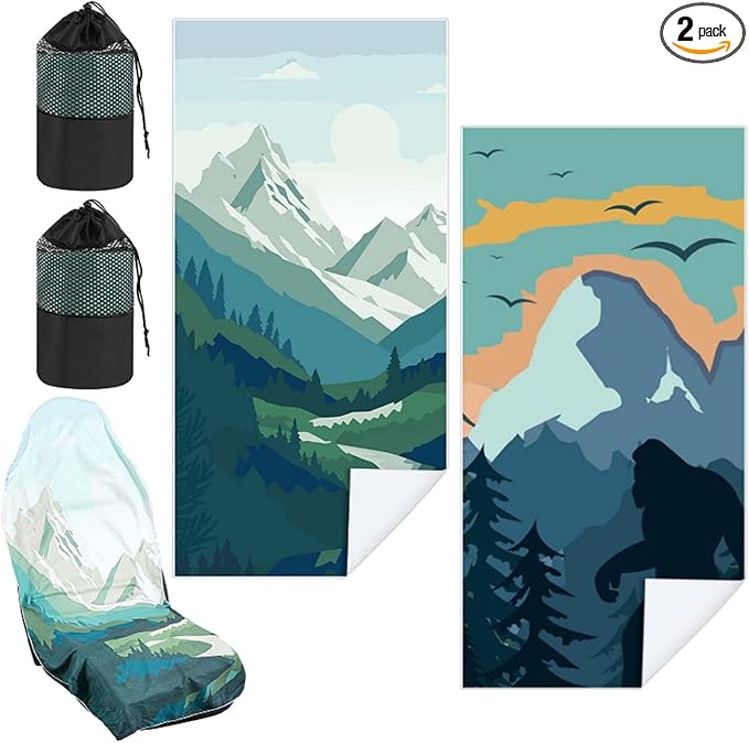 Hahafelt 2 Pack Car Seat Towel Covers with Storage Bag, 63 x 32 Inch Universal Non Slip Waterproof Sweat Protector for Car Truck, Gym Swimming Running, Machine Washable (Yosemite,Sasquatch)