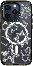 CASETiFY Impact iPhone 15 Pro Case [4X Military Grade Drop Tested / 8.2ft Drop Protection/Compatible with Magsafe] Chrome Doodles - Clear Black