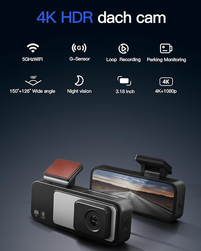 4K Dash Cam Front and Rear 3.2in HD Wireless Mounted Camera for Cars,Built-in 5GWiFi&G-Sensor,Super Night Vision,HDR, Loop Recording App Control 24 Hours Parking Monitor Included 32GB Card