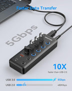 Powered USB 3.0 Hub, Wenter 6-Port USB Hub Splitter (4 Faster Data Transfer Ports+ 2Pcs 36W QC Charging Ports) with Individual LED On/Off Switches, USB Hub 3.0 Powered with Power Adapter