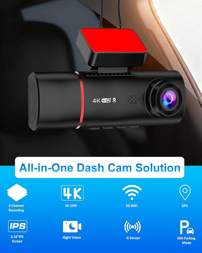 3 Channel Dash Cam Front and Rear Inside, 4K+720P+720P Dashcam, 5GHz WiFi GPS Dash Camera for Cars with 64GB Card, 24H Parking Monitor, Super Night Vision, Loop Recording, G-Sensor, WDR for Car Camera