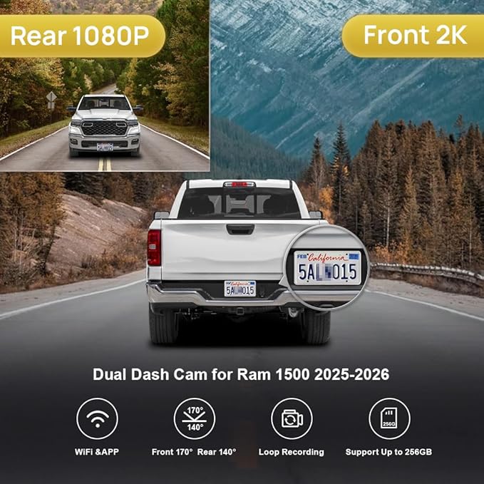 Fitcamx Front 2K+Rear 1080P Dash Cam Adapts for RAM 1500 2025-2026 RHO (HD2-D4120), Integrated OEM Look, 2 Way HD Video, WiFi & APP, Loop Recording, Gravity Sensor, Easy to Operate, 64GB Card