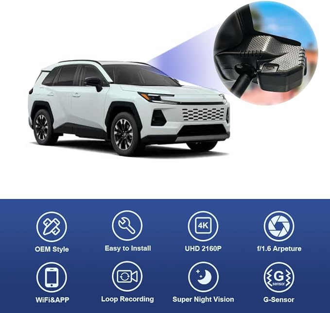 Fitcamx 4K Dash Cam Suitable for 2026 Toyota RAV4 & Plug-in Hybrid, 6th Gen (HD2-6816), OEM Factory Look, UHD 2160P Video, Built-in WiFi & APP, Loop Recording, G-Sensor, Plug & Play, 64GB Card